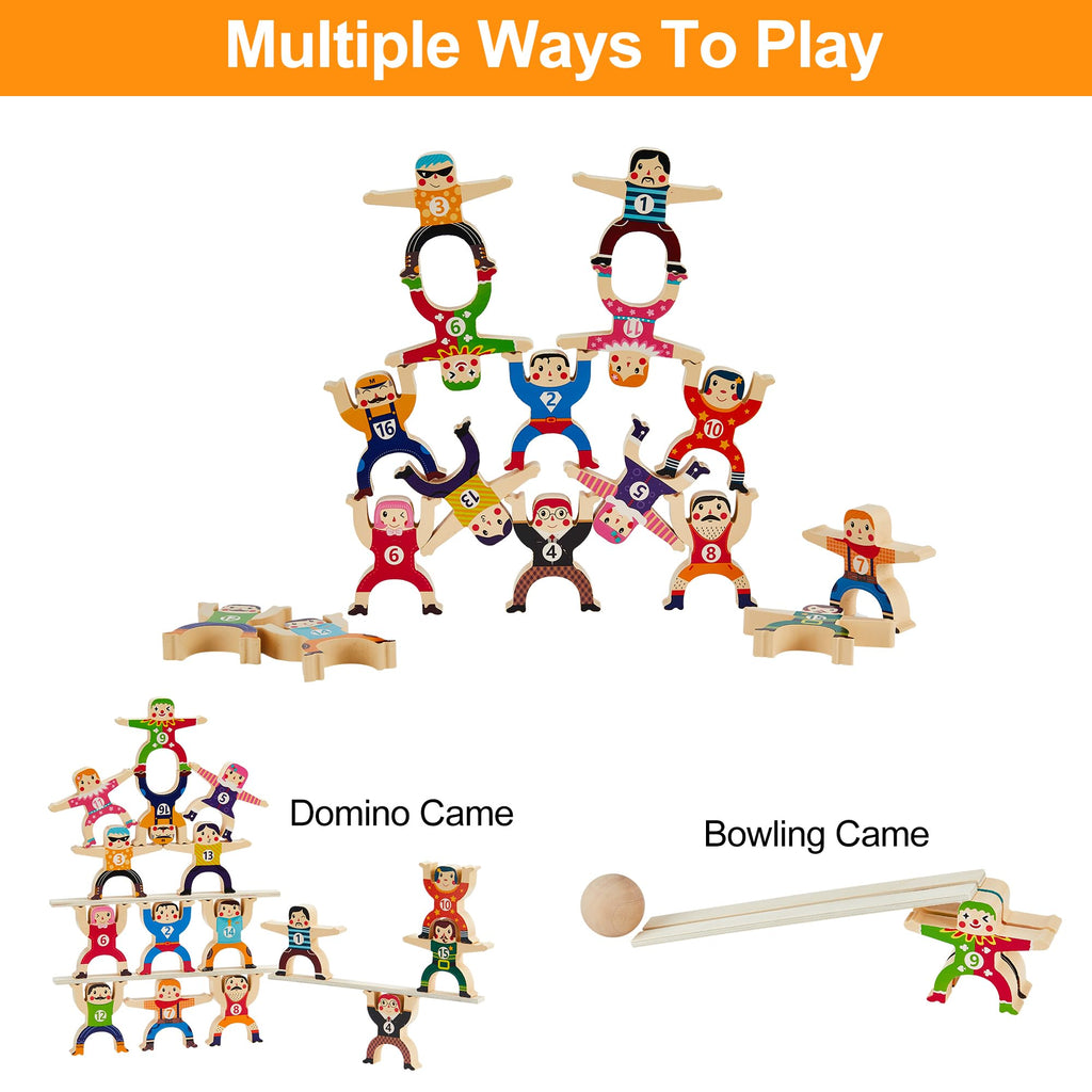 HELLO PAPAYA Wooden Stacking Toys 16-Piece Circus Balancing Blocks for Kids Ages 3+