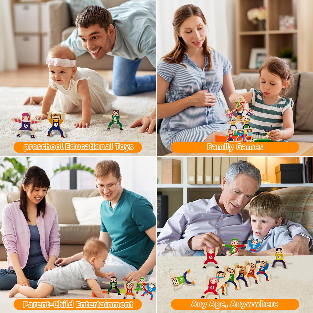 HELLO PAPAYA Wooden Stacking Toys 16-Piece Circus Balancing Blocks for Kids Ages 3+