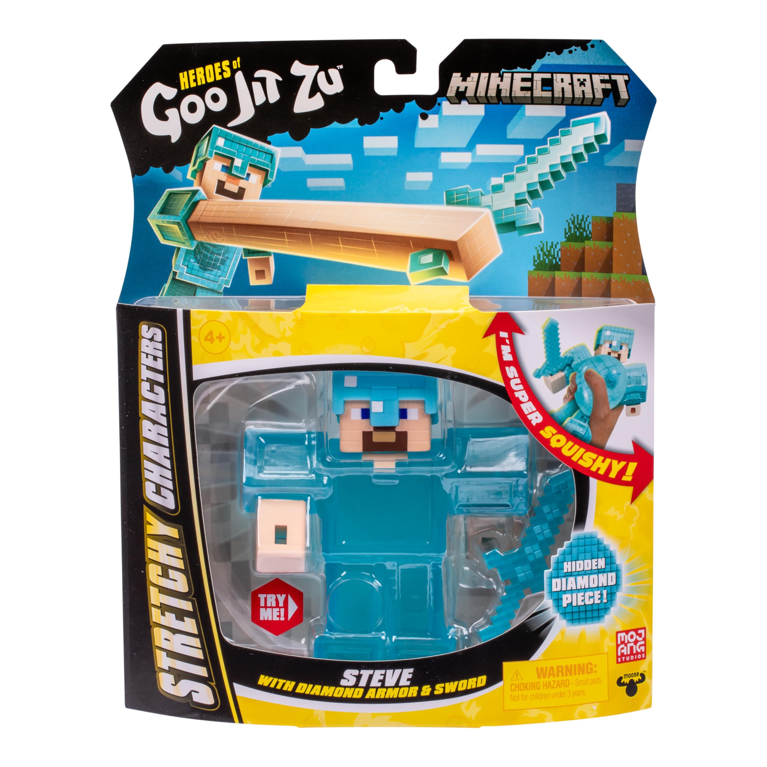 Heroes of Goo Jit Zu Minecraft Steve Stretchy Figure – Super Squishy Goo Filling, Hidden Diamond Piece, Stretch 3 Times His Size