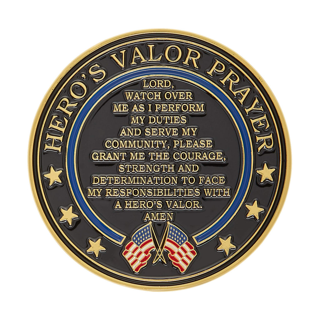 Hero's Valor Police Officer Badge Challenge Coin – Single Coin with Prayer and Thin Blue Line