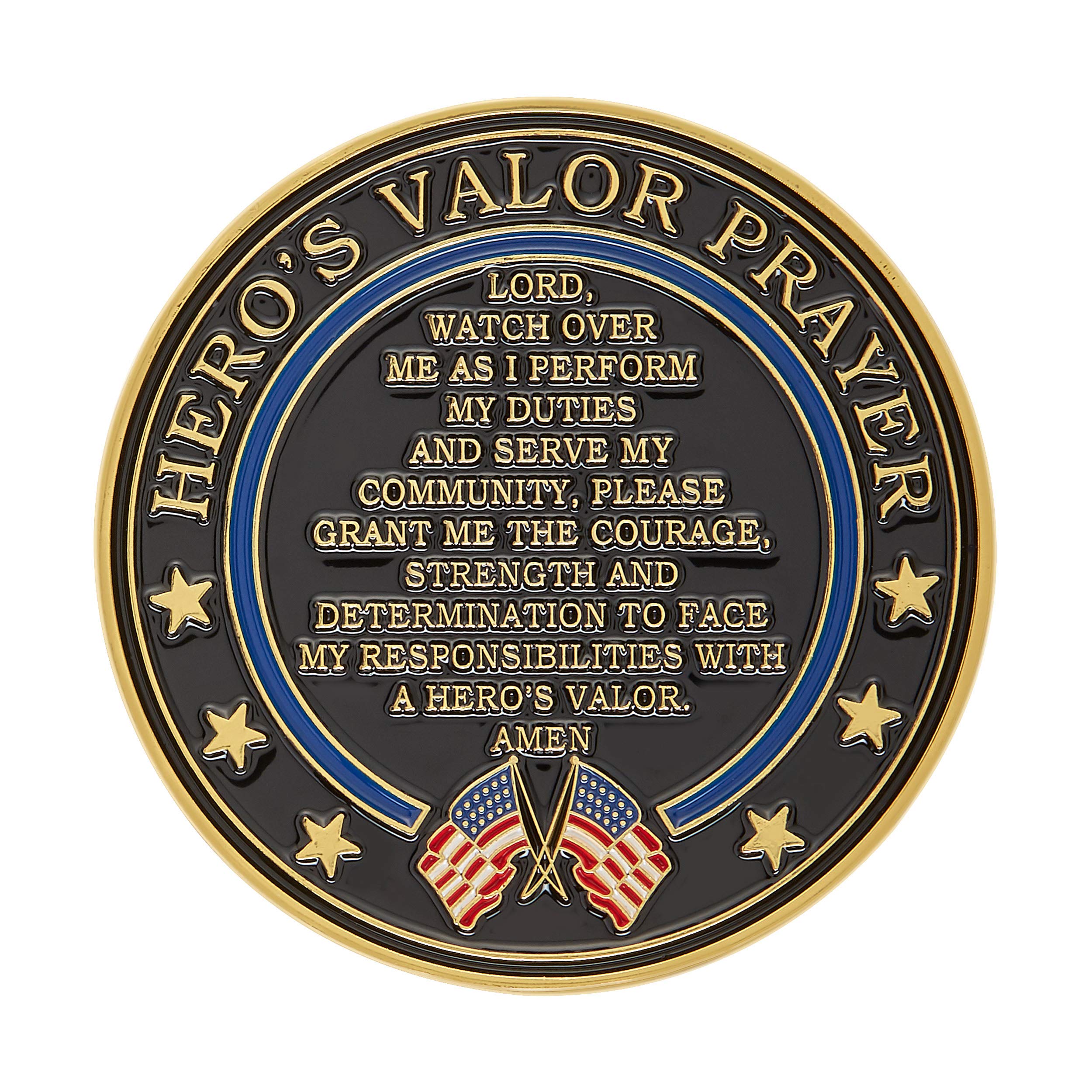 Hero's Valor Police Officer Badge Challenge Coin – Single Coin with Prayer and Thin Blue Line