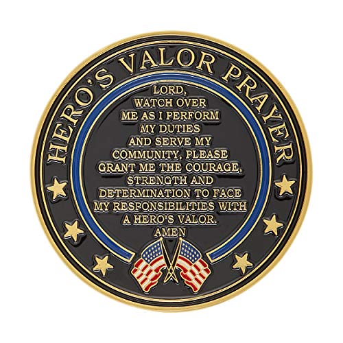 Hero's Valor Police Officer Badge Challenge Coin – Single Coin with Prayer and Thin Blue Line