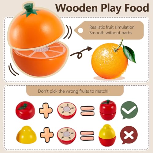 HERSITY Wooden Play Food Set - 8 Cutting Fruits Toy for Toddlers 18 Months+ Pretend Kitchen