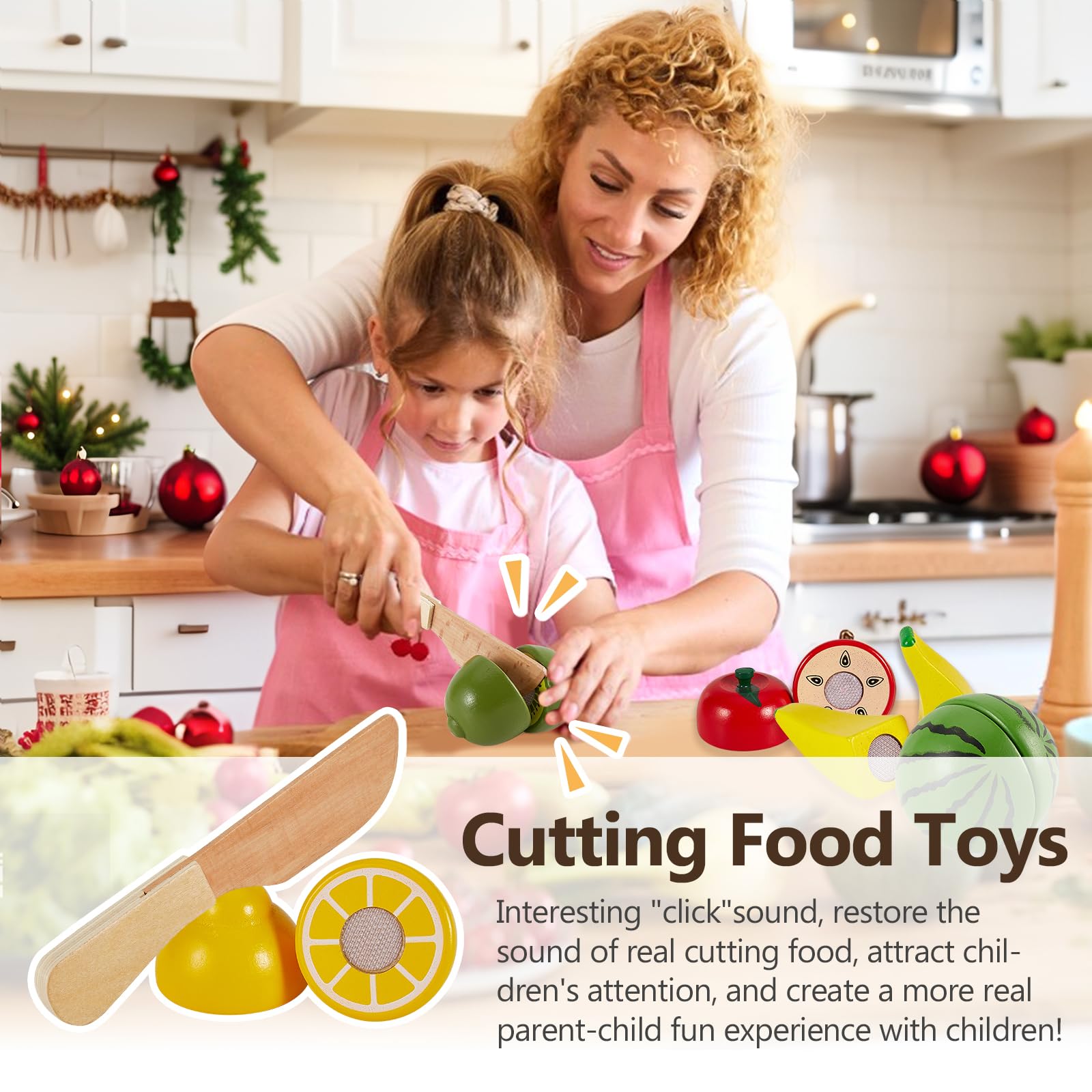 HERSITY Wooden Play Food Set - 8 Cutting Fruits Toy for Toddlers 18 Months+ Pretend Kitchen