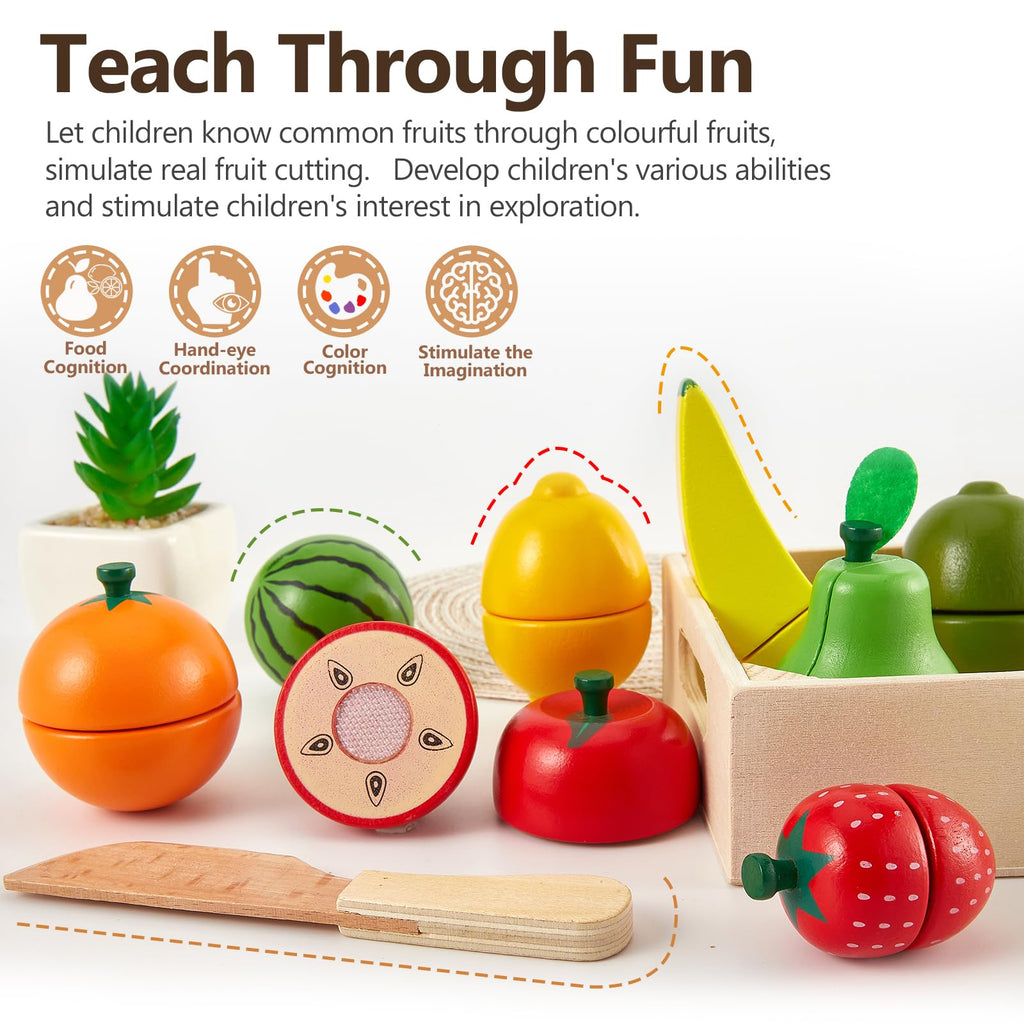 HERSITY Wooden Play Food Set - 8 Cutting Fruits Toy for Toddlers 18 Months+ Pretend Kitchen