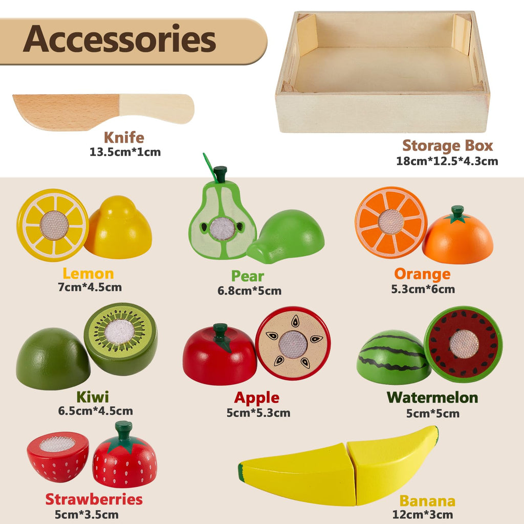HERSITY Wooden Play Food Set - 8 Cutting Fruits Toy for Toddlers 18 Months+ Pretend Kitchen