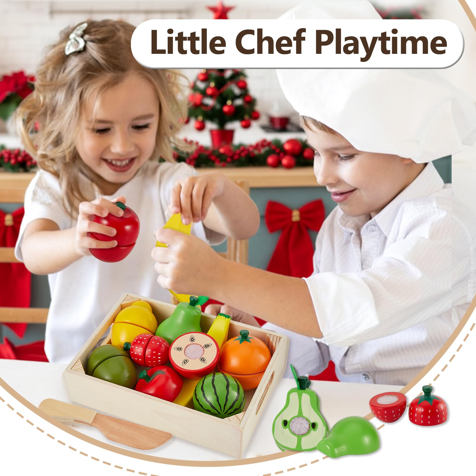 HERSITY Wooden Play Food Set - 8 Cutting Fruits Toy for Toddlers 18 Months+ Pretend Kitchen