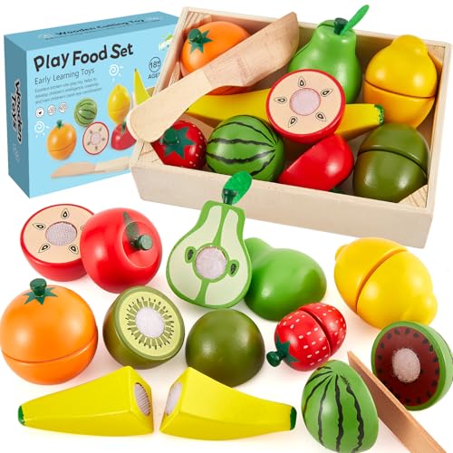HERSITY Wooden Play Food Set - 8 Cutting Fruits Toy for Toddlers 18 Months+ Pretend Kitchen