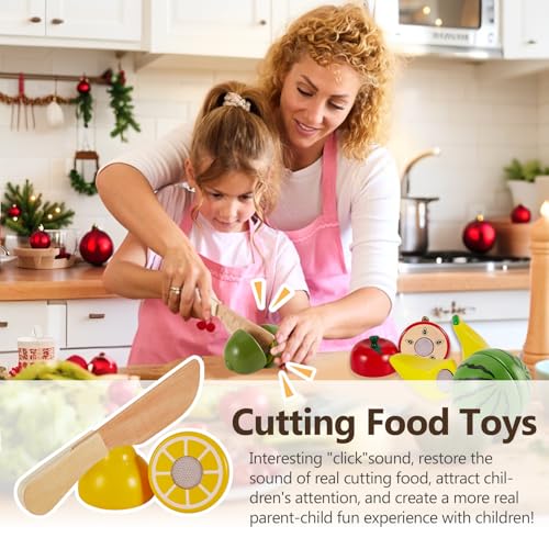 HERSITY Wooden Play Food Set - 8 Cutting Fruits Toy for Toddlers 18 Months+ Pretend Kitchen