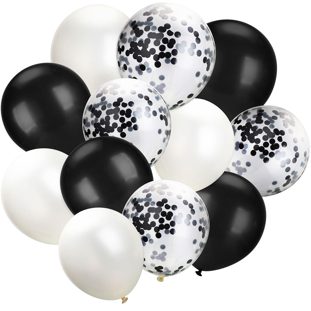 Hestya 100-Piece 12-Inch White & Black Latex Balloons with Confetti for Parties