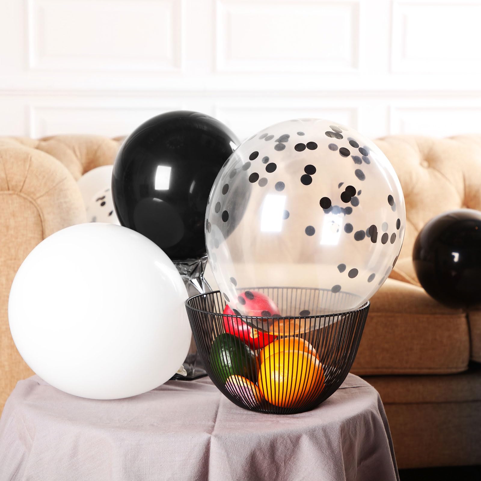 Hestya 100-Piece 12-Inch White & Black Latex Balloons with Confetti for Parties