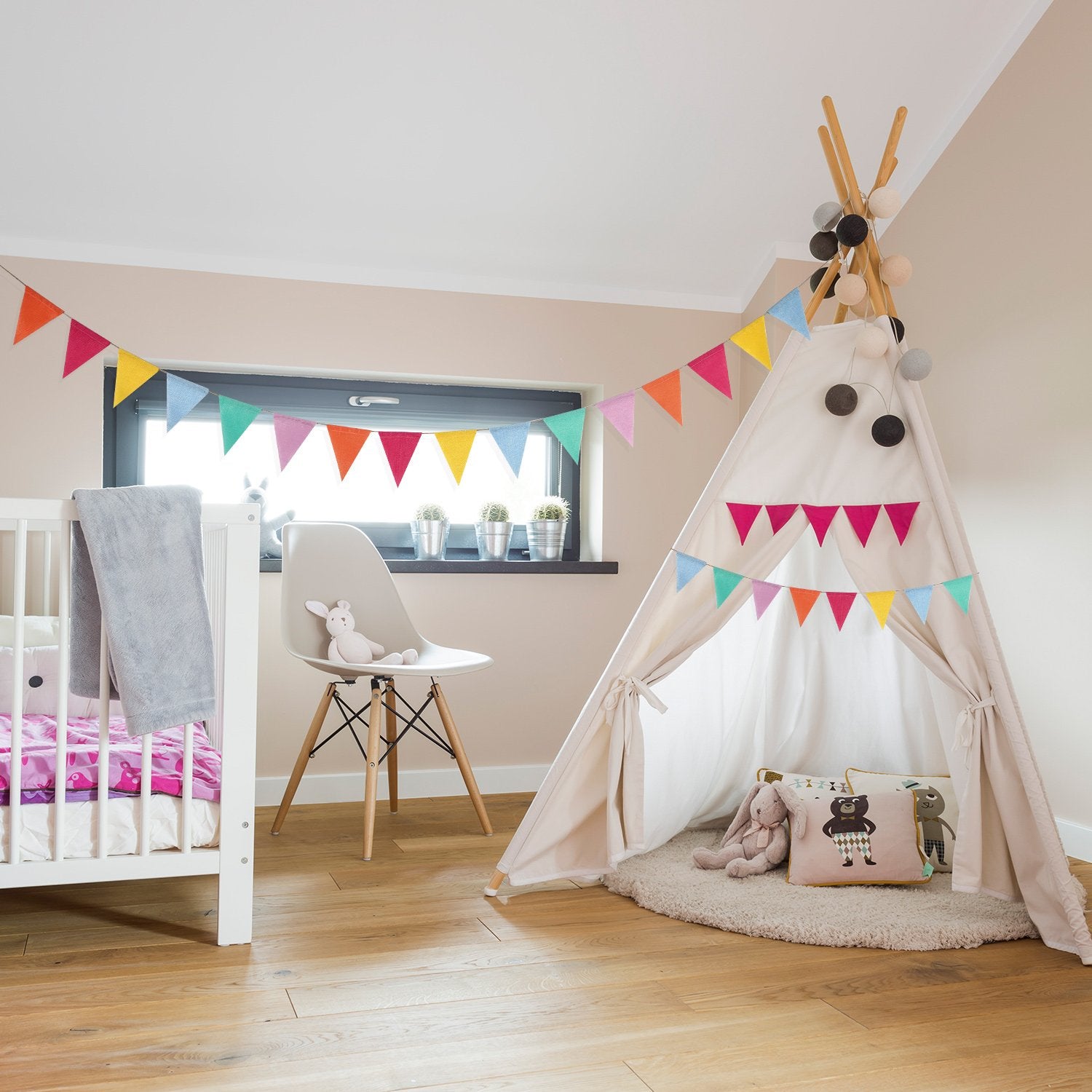 HESTYA 42-Piece Pastel Pennant Banner – Colorful Triangle Bunting for Parties, Classrooms, and Outdoor Events