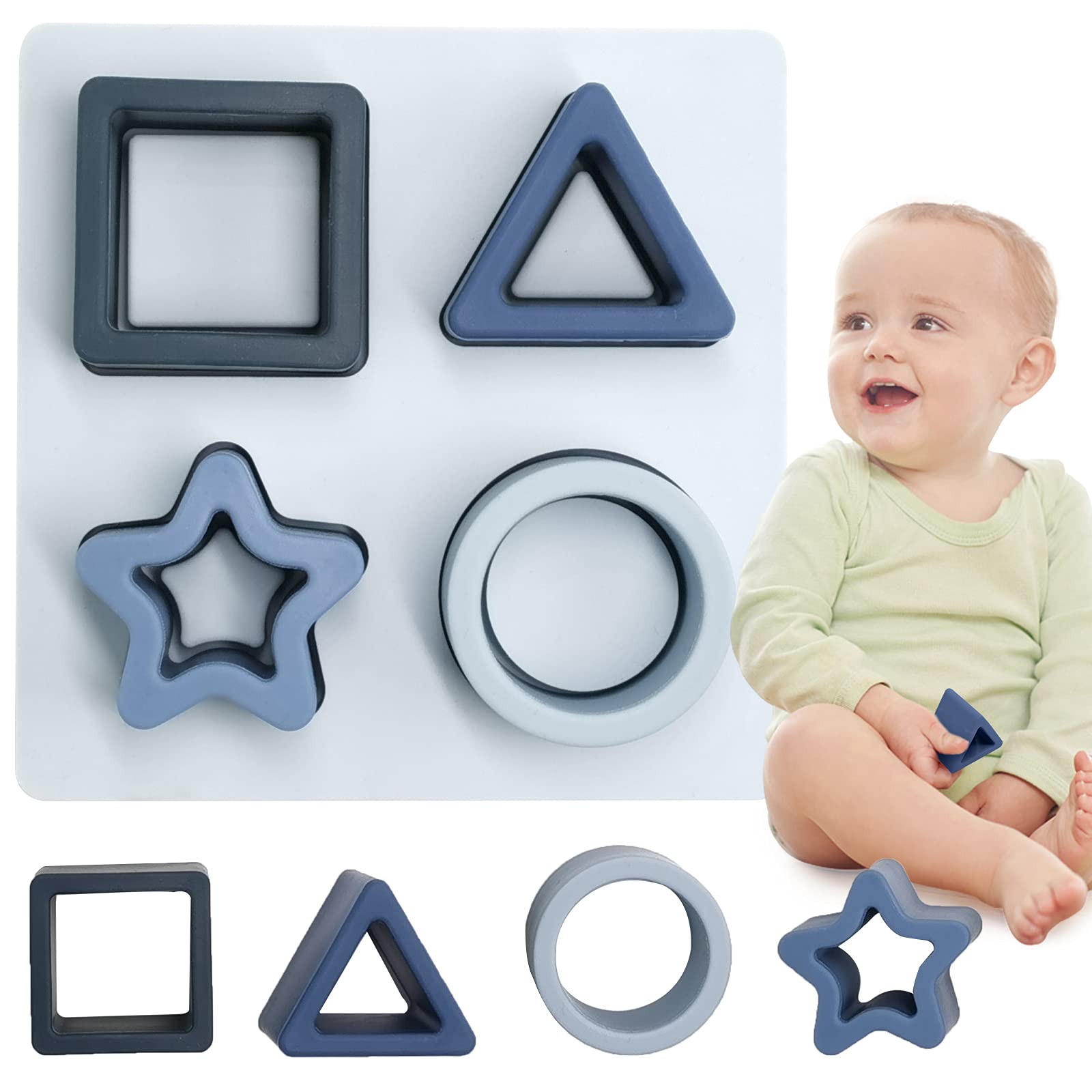 HETOMI Baby Stacking Blocks – Silicone Teething Toy & Shape Sorter Puzzle for 6 to 12 Months (Blue)