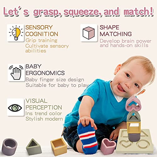 HETOMI Silicone Stacking Blocks - Baby Nesting Sorting Toy for Teething and Fine Motor Skills (Beige)