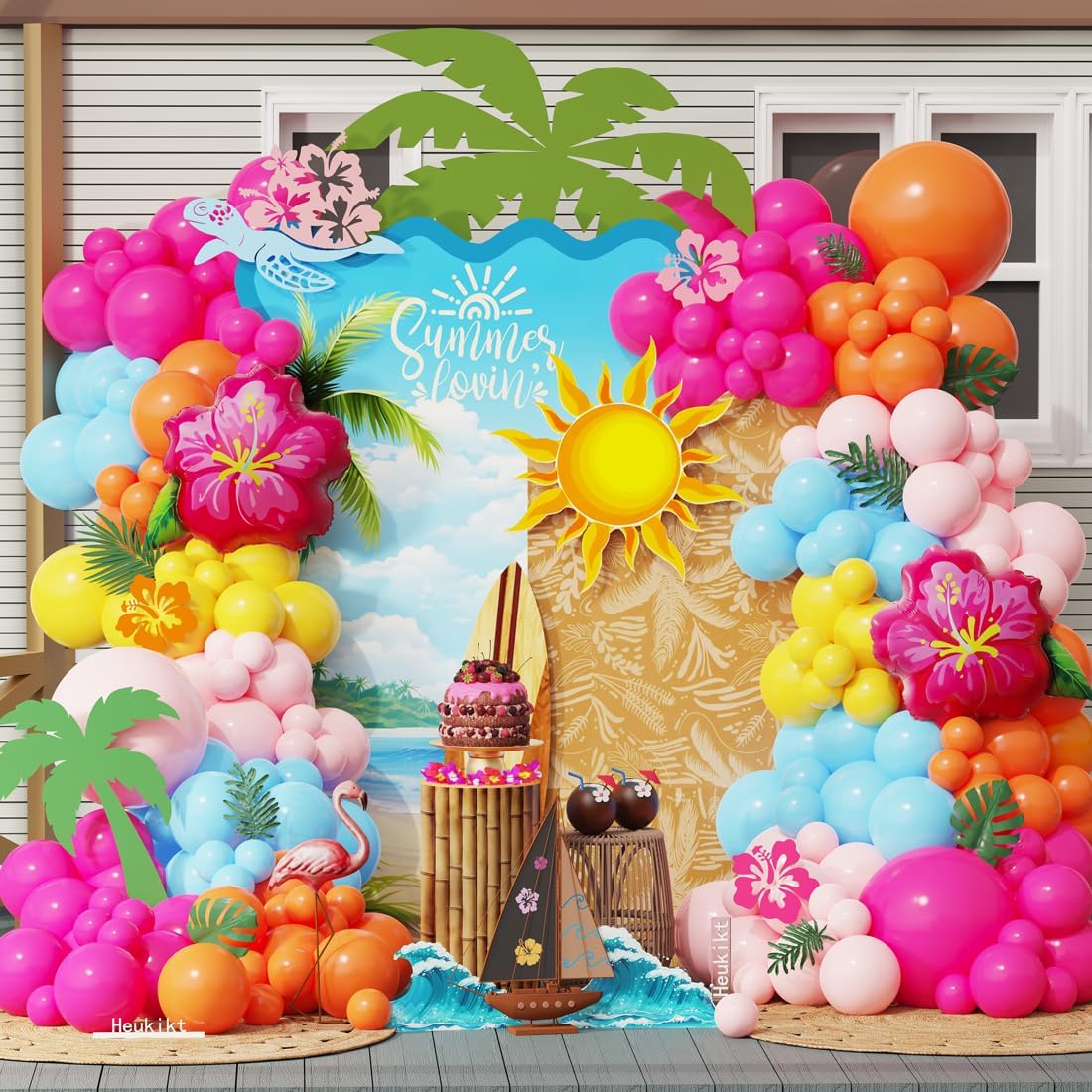 Heukikt 152-Piece Tropical Party Balloon Garland Arch Kit – Hot Pink, Orange, Macaron Pink & Blue with Hibiscus Foil Balloons for Luau or Hawaii Themed Celebrations