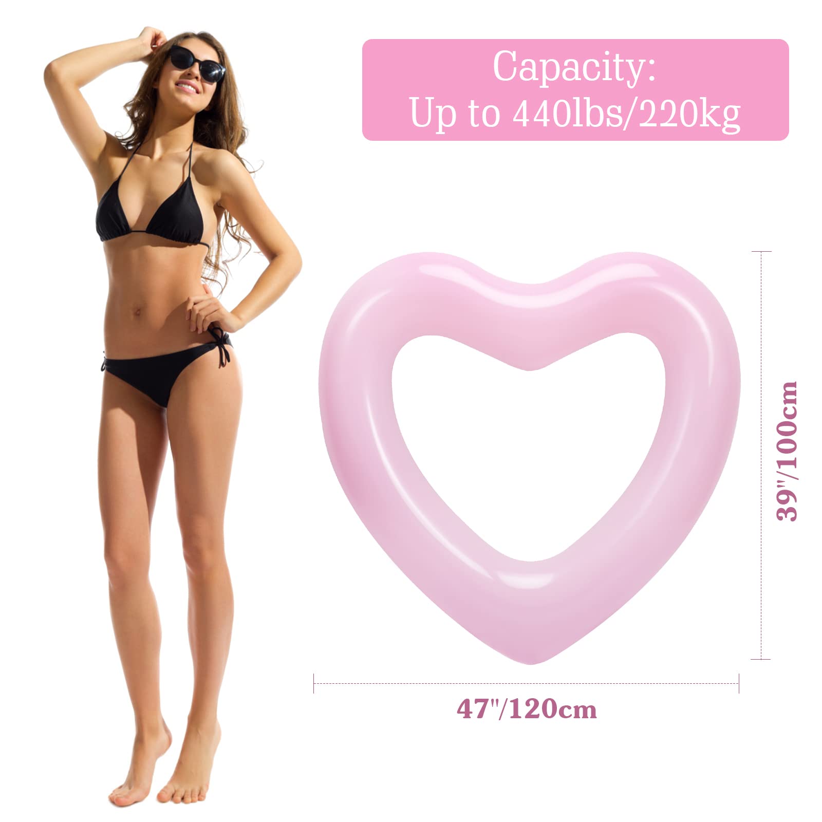 HeySplash Heart-Shaped Pool Float for Adults – 2-Pack Inflatable Pool Tubes, 110 cm, Supports Up to 200 kg