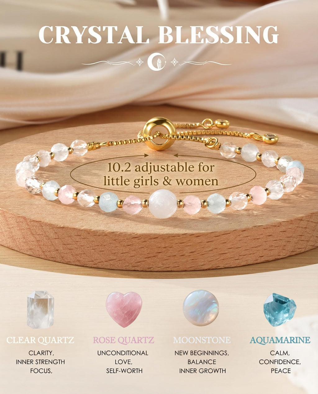 HGDEER Moonstone Adjustable Bracelet for Teen Girls – Natural Stone with Inspirational Card & Gift Pouch