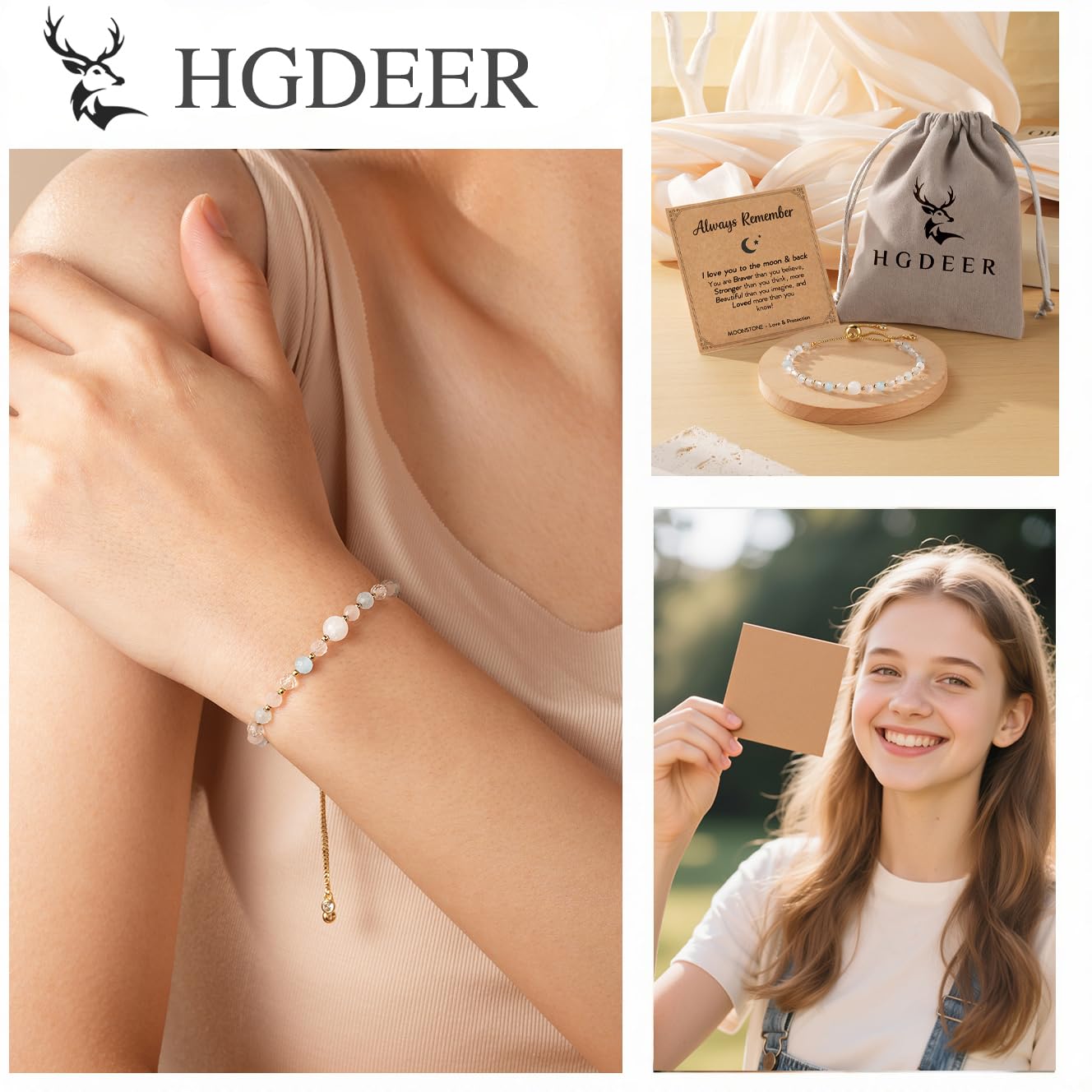 HGDEER Moonstone Adjustable Bracelet for Teen Girls – Natural Stone with Inspirational Card & Gift Pouch