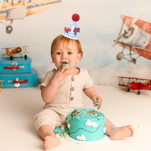 HGFC Airplane 1st Birthday Party Hat & Cake Topper Set – Handmade Aviation Decor