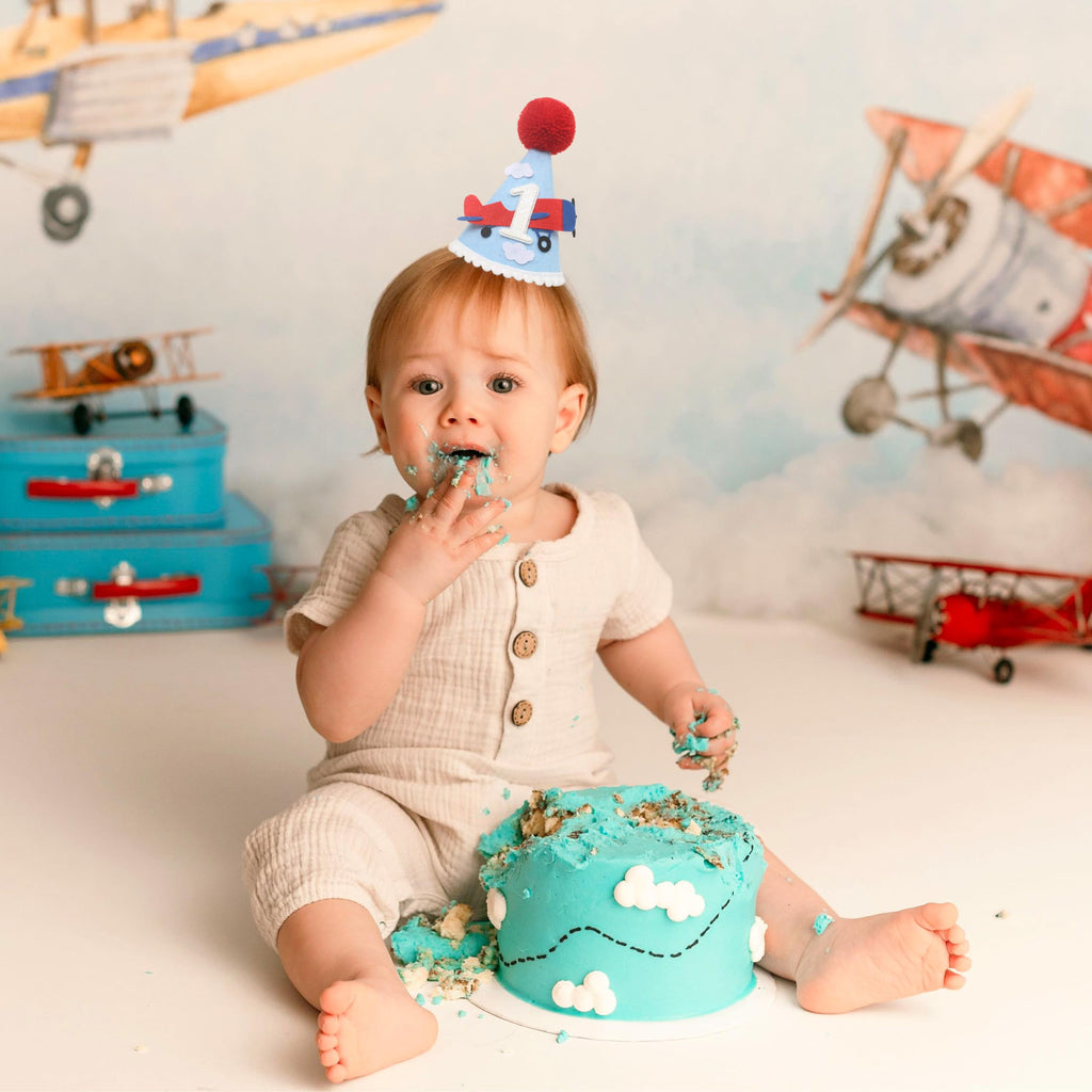 HGFC Airplane 1st Birthday Party Hat & Cake Topper Set – Handmade Aviation Decor