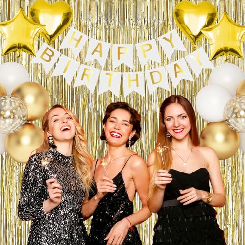 HGH White Gold Birthday Decorations Set – 50+ Pieces Including Fringe Curtains, Balloons, Banner & Garland