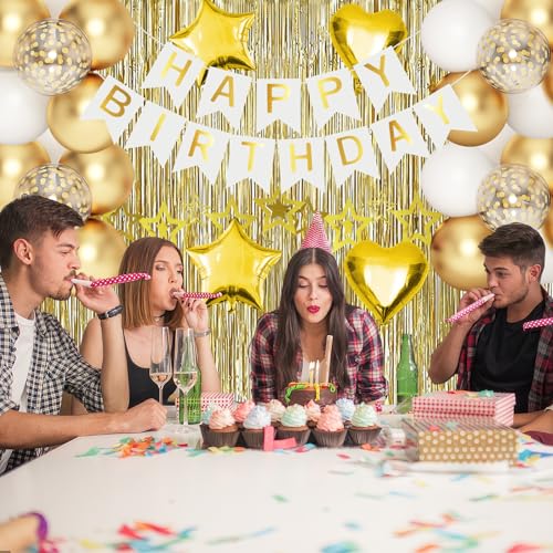HGH White Gold Birthday Decorations Set – 50+ Pieces Including Fringe Curtains, Balloons, Banner & Garland