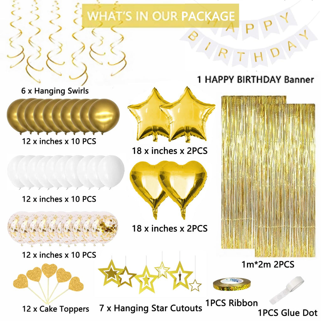 HGH White Gold Birthday Decorations Set – 50+ Pieces Including Fringe Curtains, Balloons, Banner & Garland