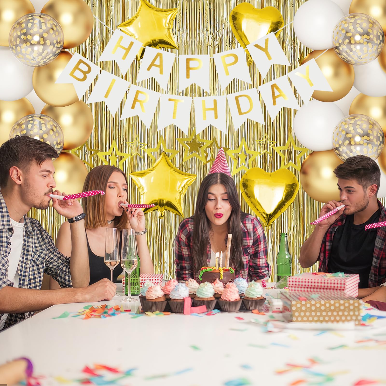 HGH White Gold Birthday Decorations Set – 50+ Pieces Including Fringe Curtains, Balloons, Banner & Garland