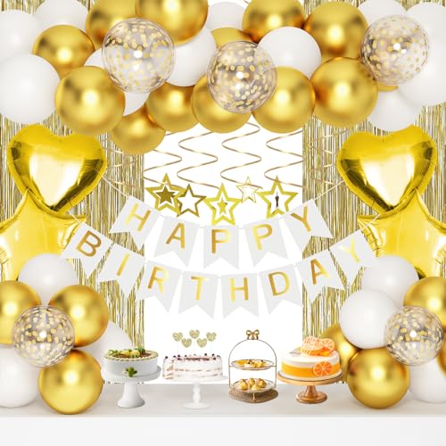 HGH White Gold Birthday Decorations Set – 50+ Pieces Including Fringe Curtains, Balloons, Banner & Garland