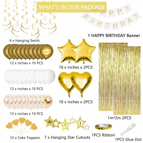HGH White Gold Birthday Decorations Set – 50+ Pieces Including Fringe Curtains, Balloons, Banner & Garland