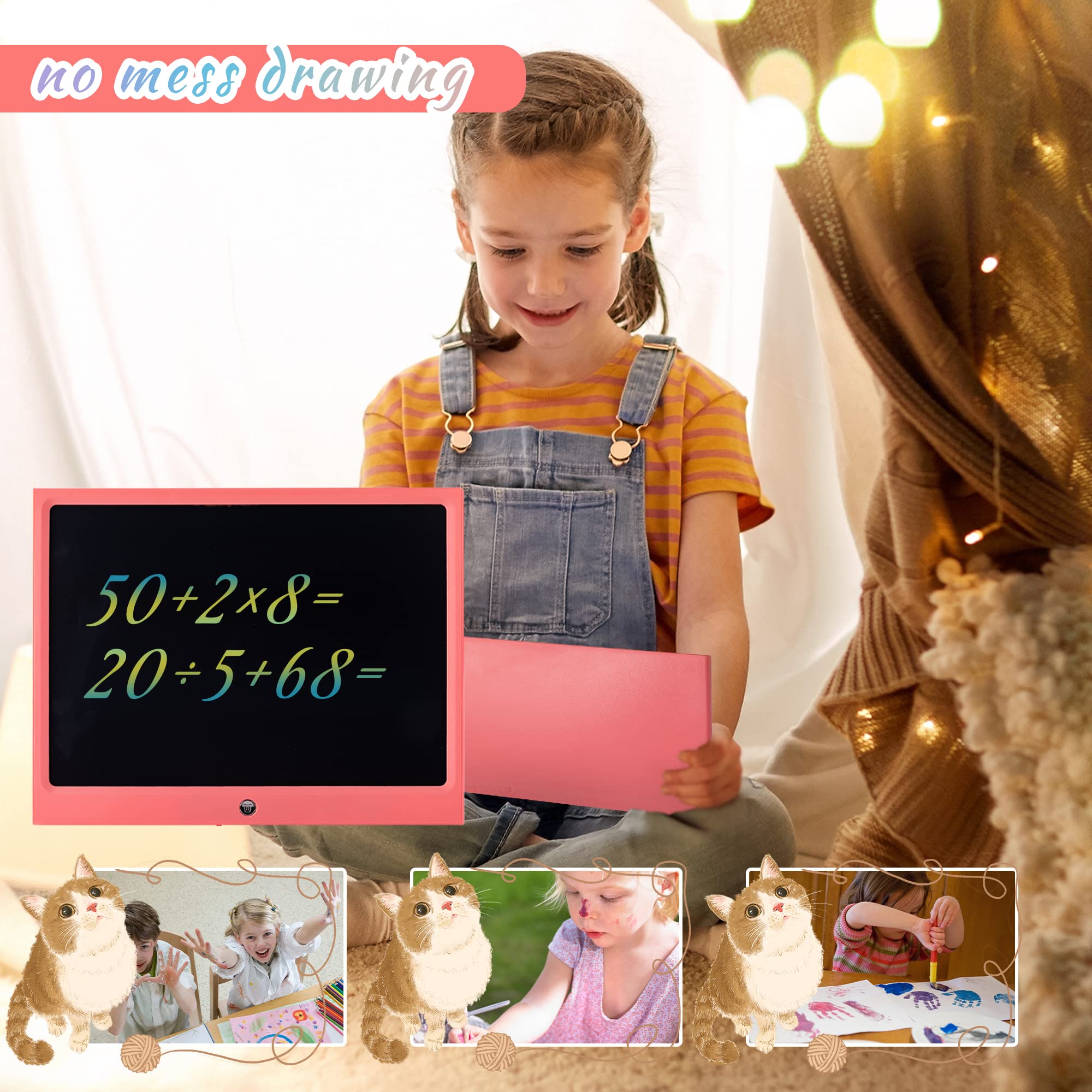 HHN 15 Inch LCD Writing Tablet for Kids - Pink Erasable Doodle Board with Lock Function, Pressure-Sensitive Screen