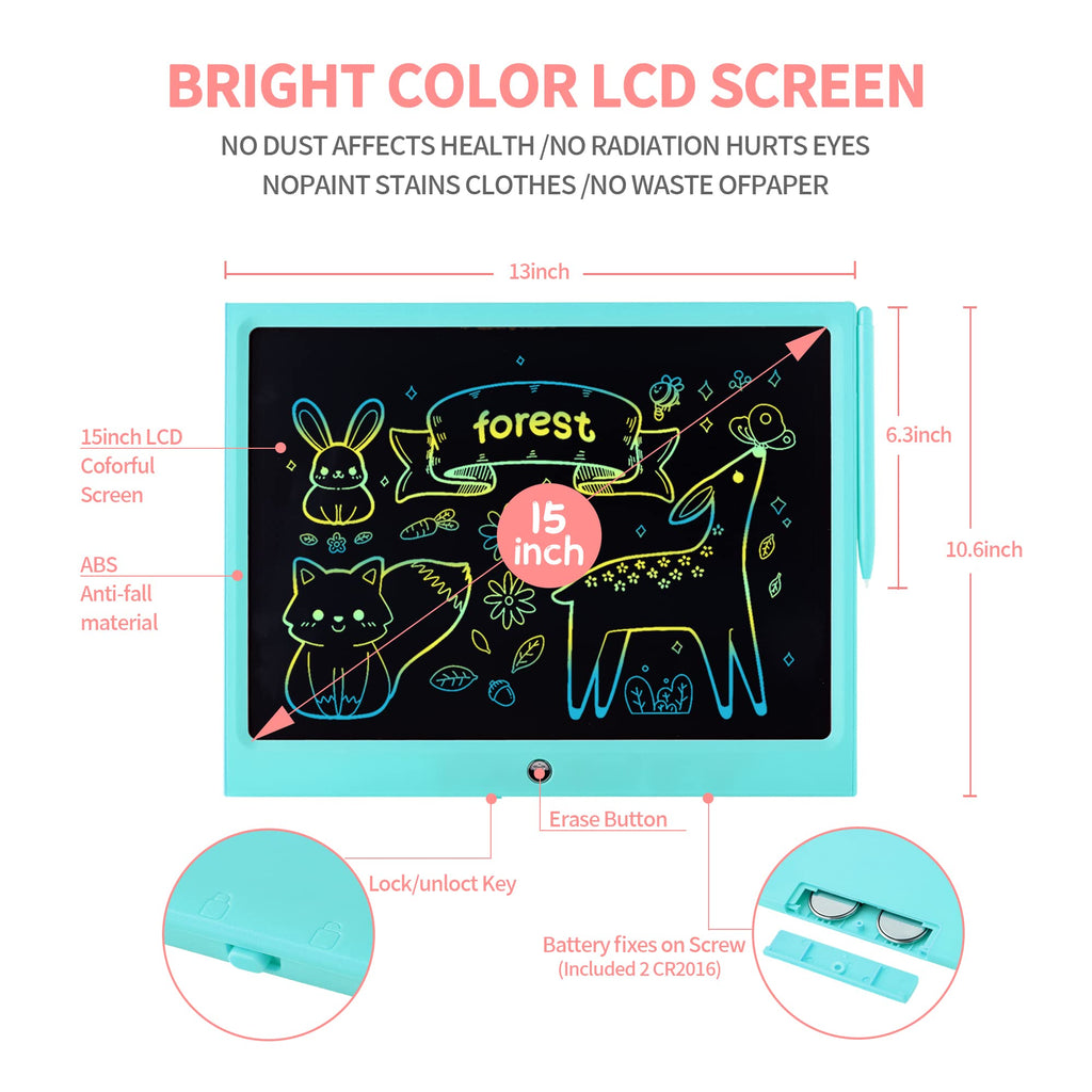 HHN 15-Inch LCD Writing Tablet for Kids – Colorful Doodle Board with Lock Switch, Erasable Drawing Pad for Ages 3+
