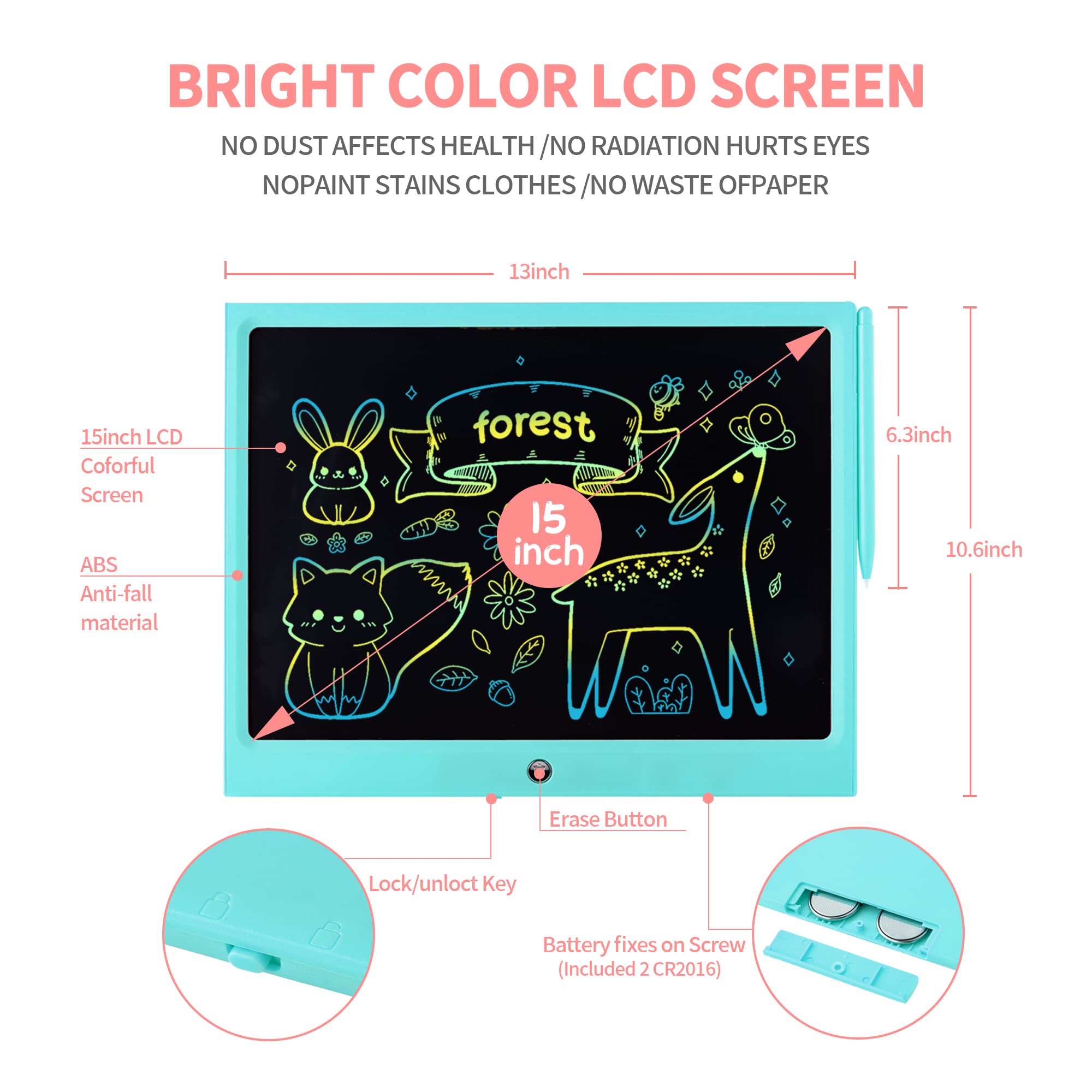 HHN 15-Inch LCD Writing Tablet for Kids – Colorful Doodle Board with Lock Switch, Erasable Drawing Pad for Ages 3+