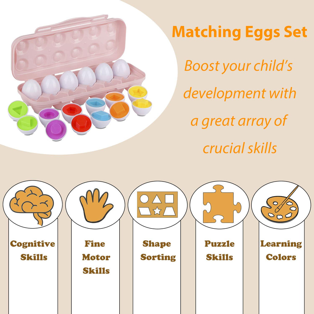 Hhyn 12-Piece Color & Shape Matching Eggs Set with Pink Storage Case – Toddler Learning Toy