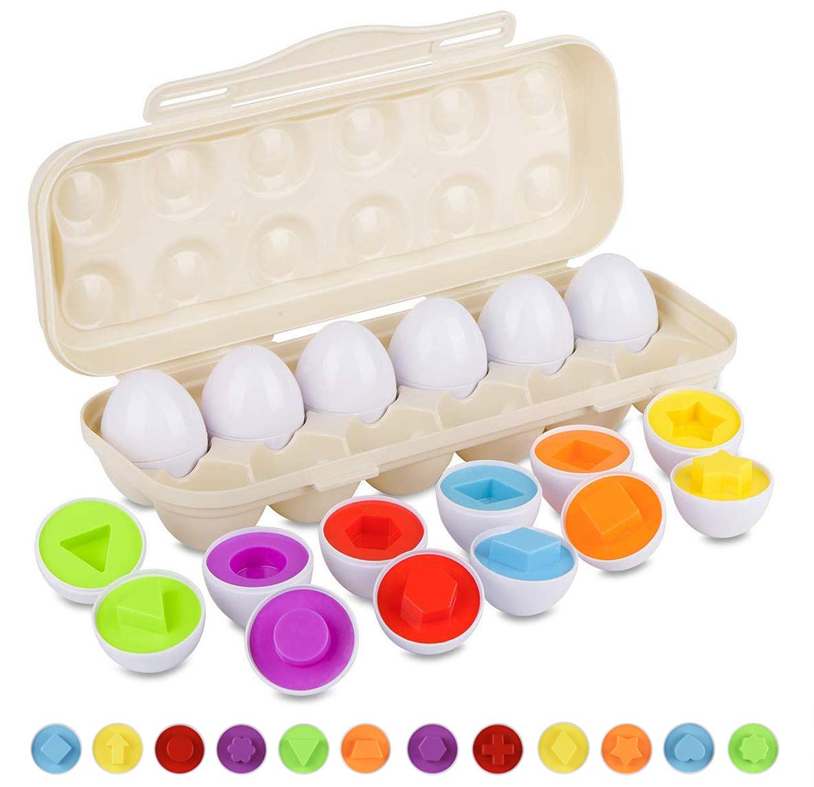 Hhyn Matching Eggs Set with Beige Holder – 12 Shape & Color Sorting Toys for Toddlers, Educational Puzzle Games