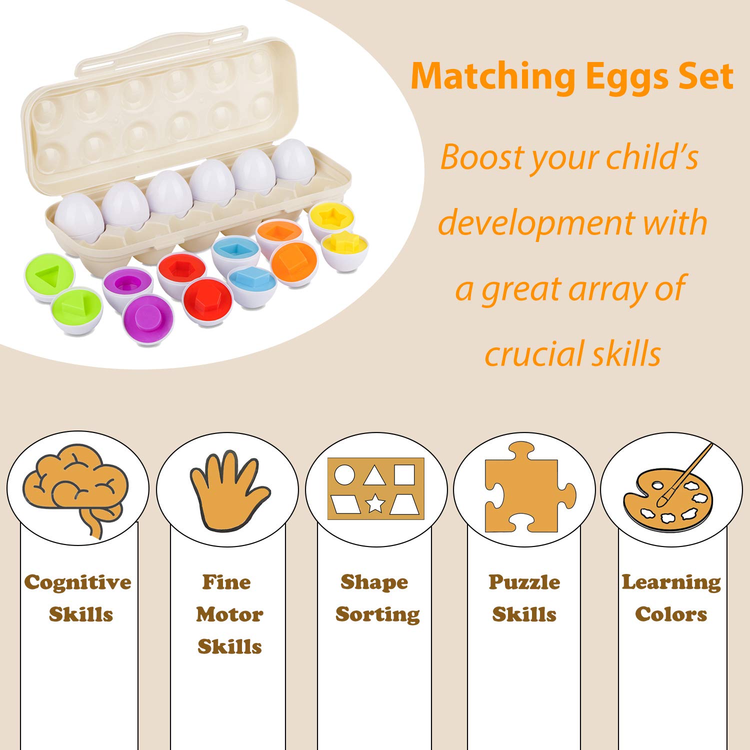 Hhyn Matching Eggs Set with Beige Holder – 12 Shape & Color Sorting Toys for Toddlers, Educational Puzzle Games