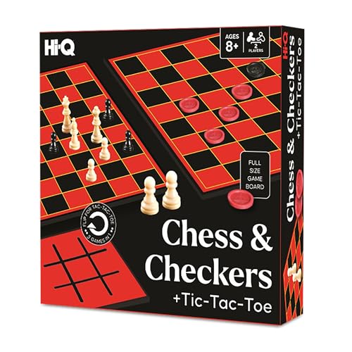 Hi-Q 3-in-1 Chess, Checkers & Tic-Tac-Toe Set – Double-Sided Folding Board with Interlocking Checkers