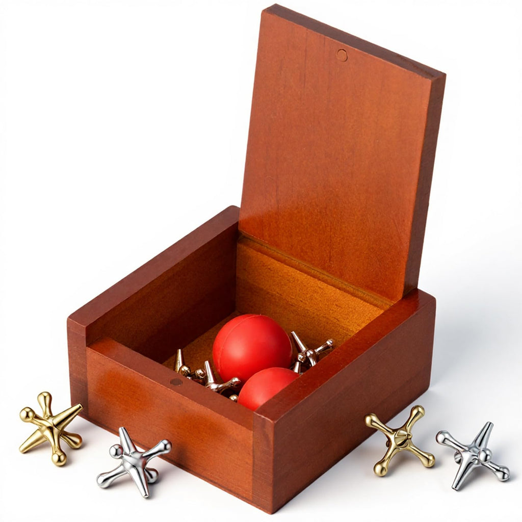 Hiboom Metal Jacks Game with 20 Jacks & 4 Balls - Vintage Floor Game in Wooden Keepsake Box