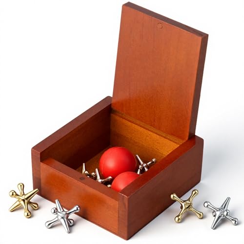 Hiboom Metal Jacks Game with 20 Jacks & 4 Balls - Vintage Floor Game in Wooden Keepsake Box