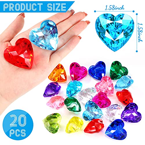Hicarer 20 Acrylic Heart Gems for Pool Diving & Treasure Hunts - 12 Colors, 1.58 Inch