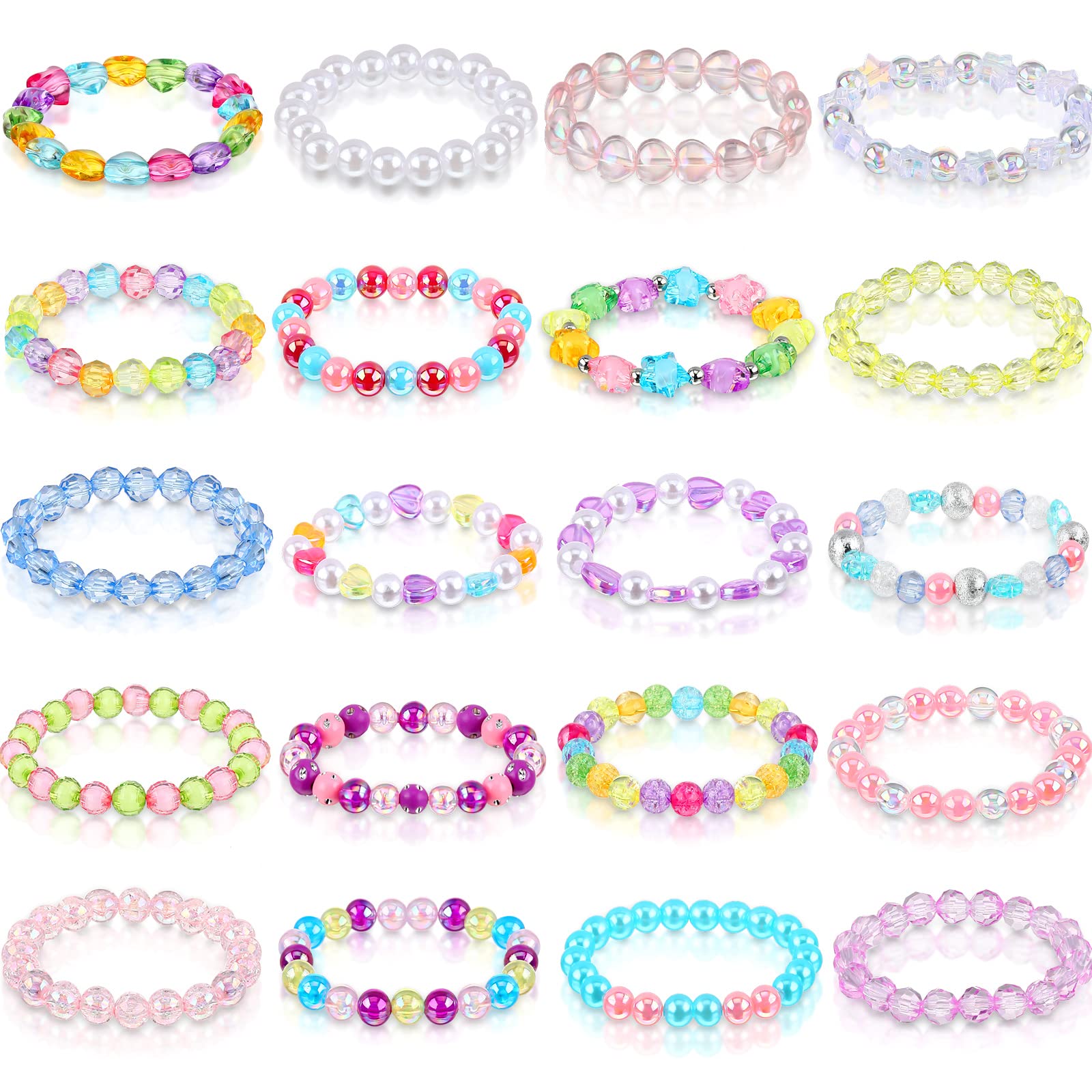 Hicarer 20-Piece Rainbow Bead Bracelets for Girls – Stretchy Princess Bracelets for Birthdays and Dress-Up