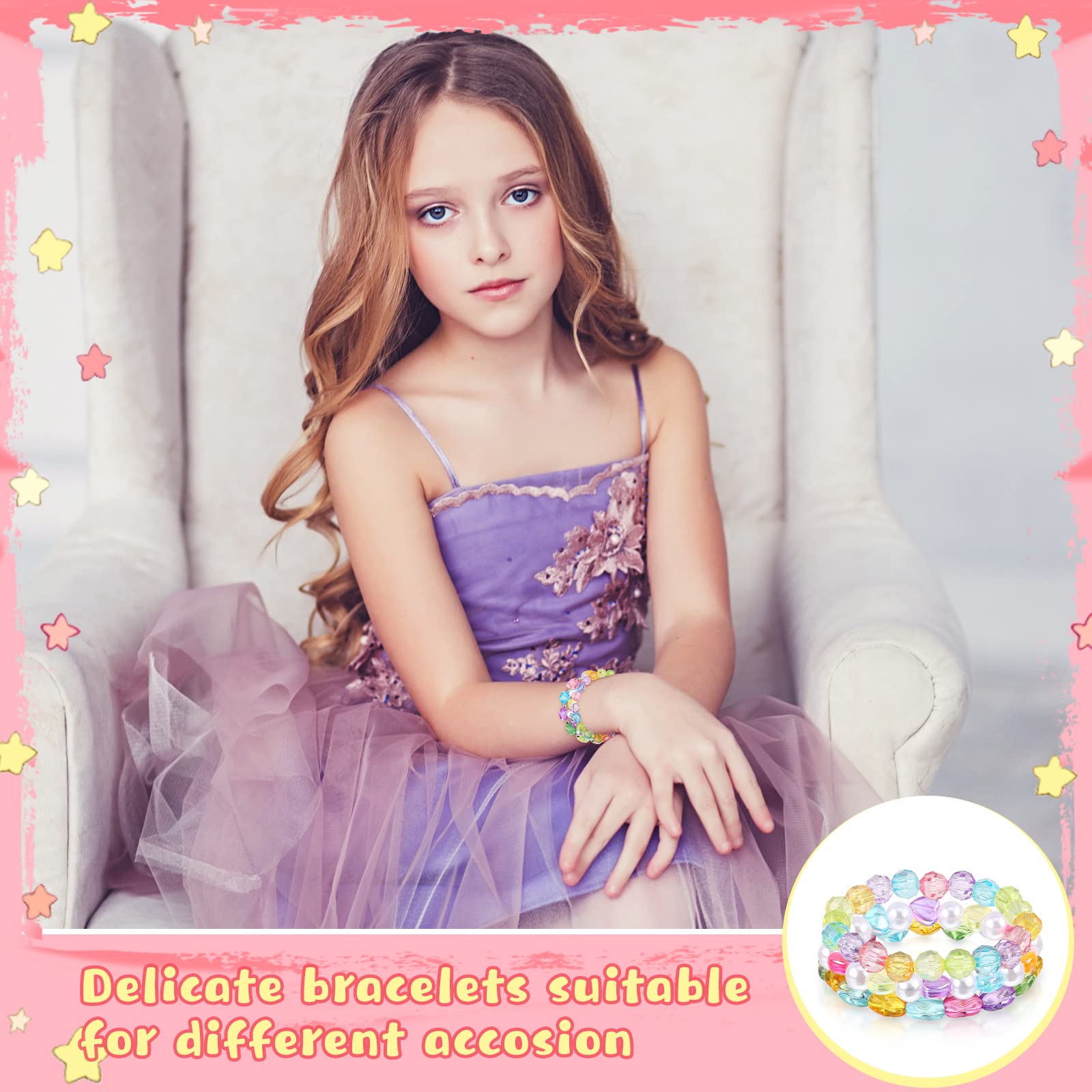 Hicarer 20-Piece Rainbow Bead Bracelets for Girls – Stretchy Princess Bracelets for Birthdays and Dress-Up