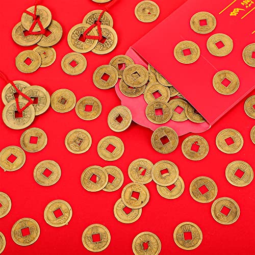 Hicarer 230-Piece Chinese Feng Shui Coins Set with Red Ropes for Good Luck, Wealth, and Health – Imitation Qing Dynasty I-Ching Coins in 5 Styles
