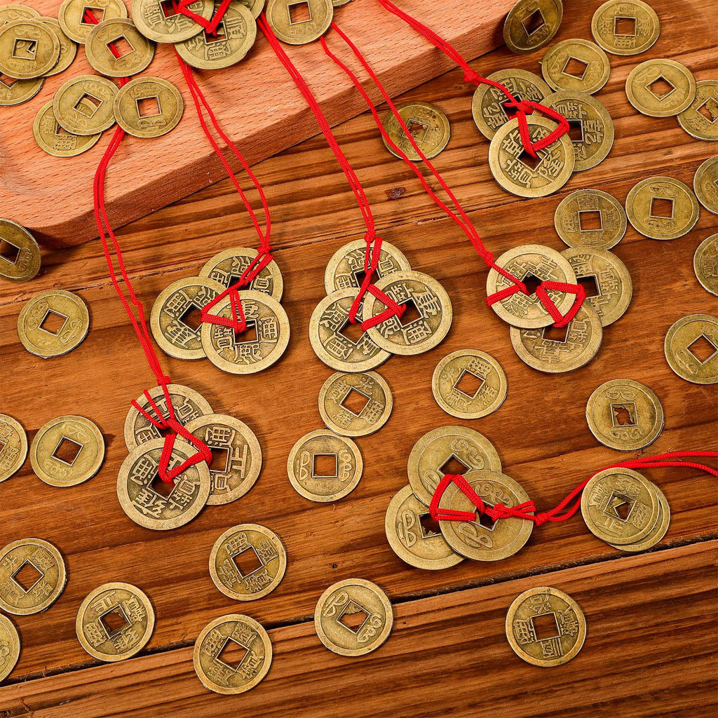 Hicarer 230-Piece Chinese Feng Shui Coins Set with Red Ropes for Good Luck, Wealth, and Health – Imitation Qing Dynasty I-Ching Coins in 5 Styles