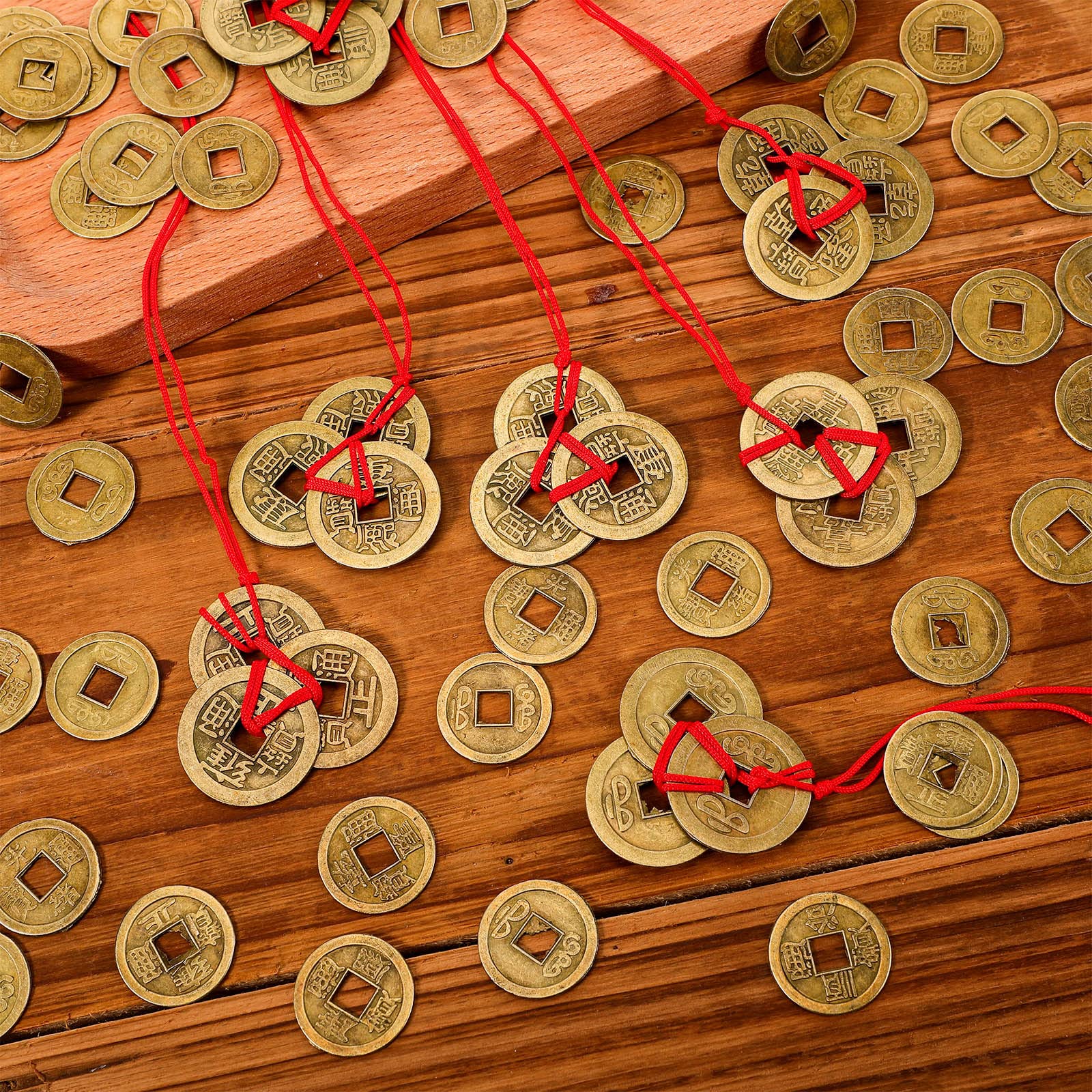 Hicarer 230-Piece Chinese Feng Shui Coins Set with Red Ropes for Good Luck, Wealth, and Health – Imitation Qing Dynasty I-Ching Coins in 5 Styles