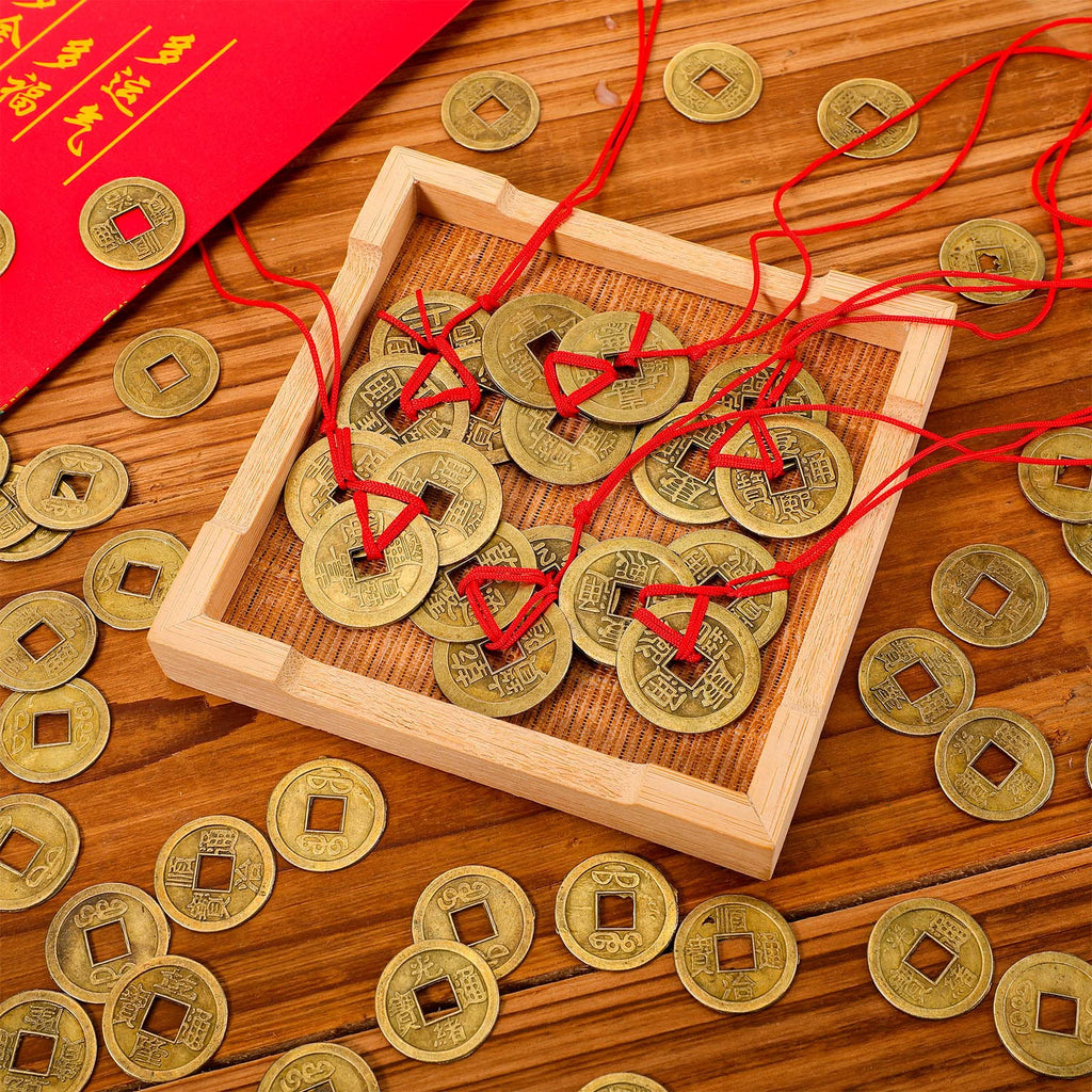 Hicarer 230-Piece Chinese Feng Shui Coins Set with Red Ropes for Good Luck, Wealth, and Health – Imitation Qing Dynasty I-Ching Coins in 5 Styles