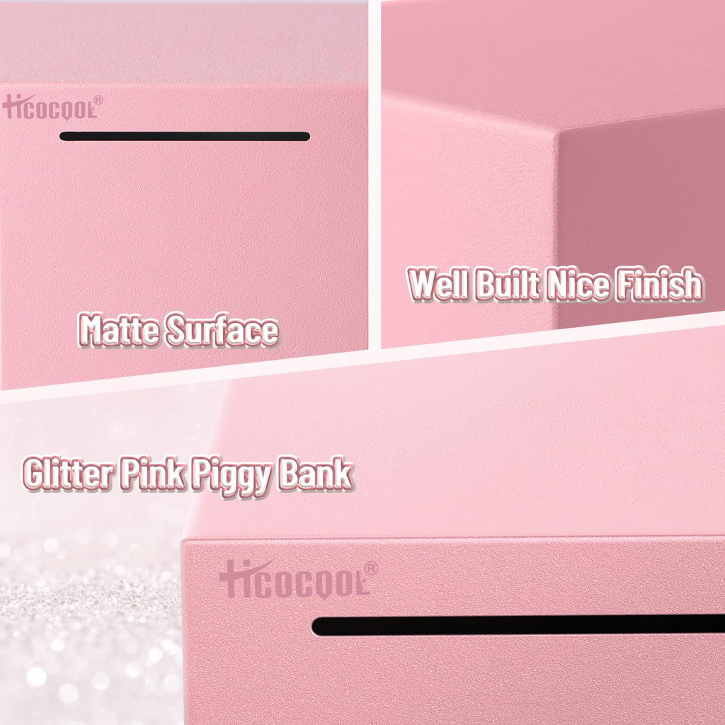 Hicocool Stainless Steel Piggy Bank for Adults – Unbreakable, Break-to-Open Money Box in Glitter Pink, Palm Size
