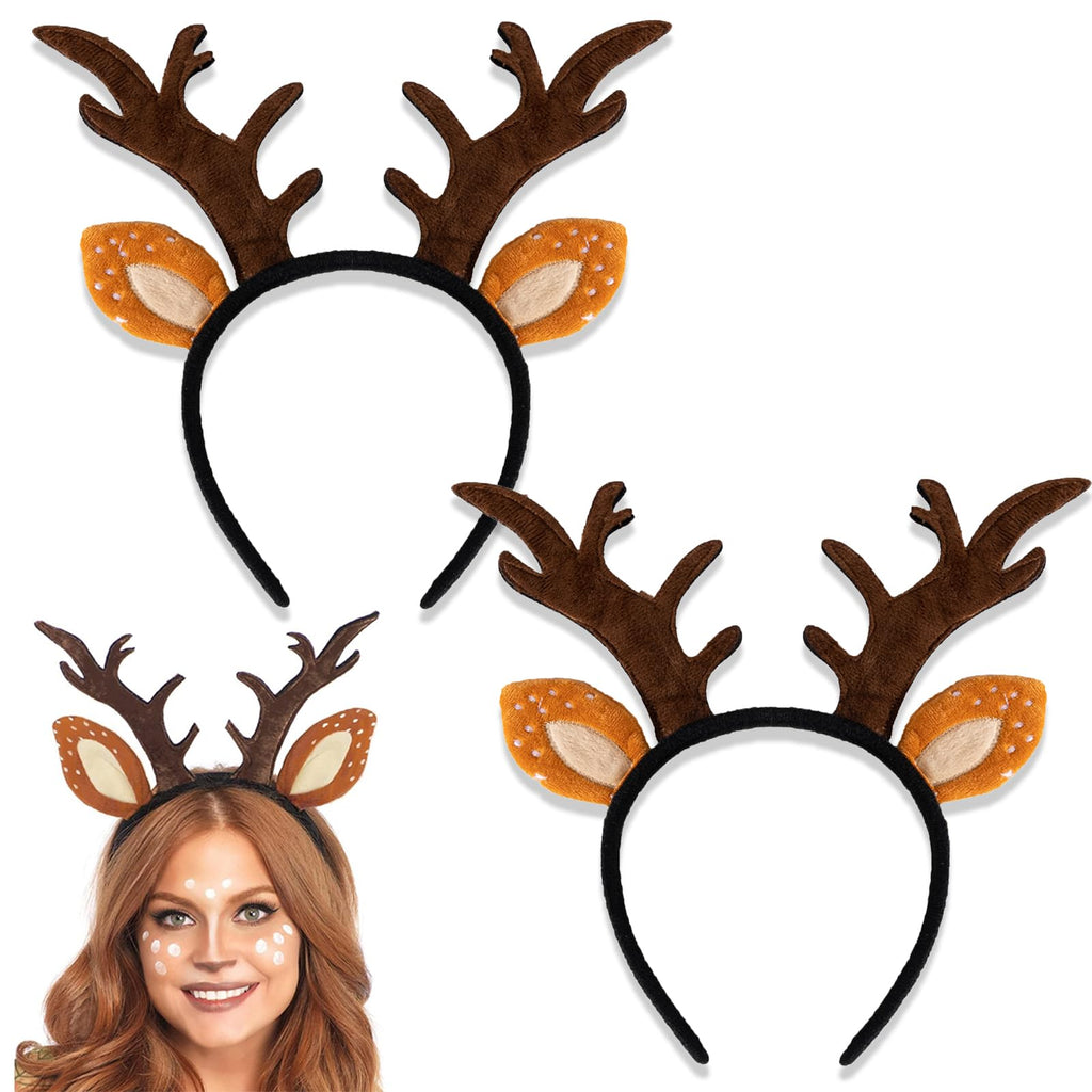 Hifot 2 Pack Reindeer Headbands for Adults - Adjustable Christmas Head Boppers with Antler Ears