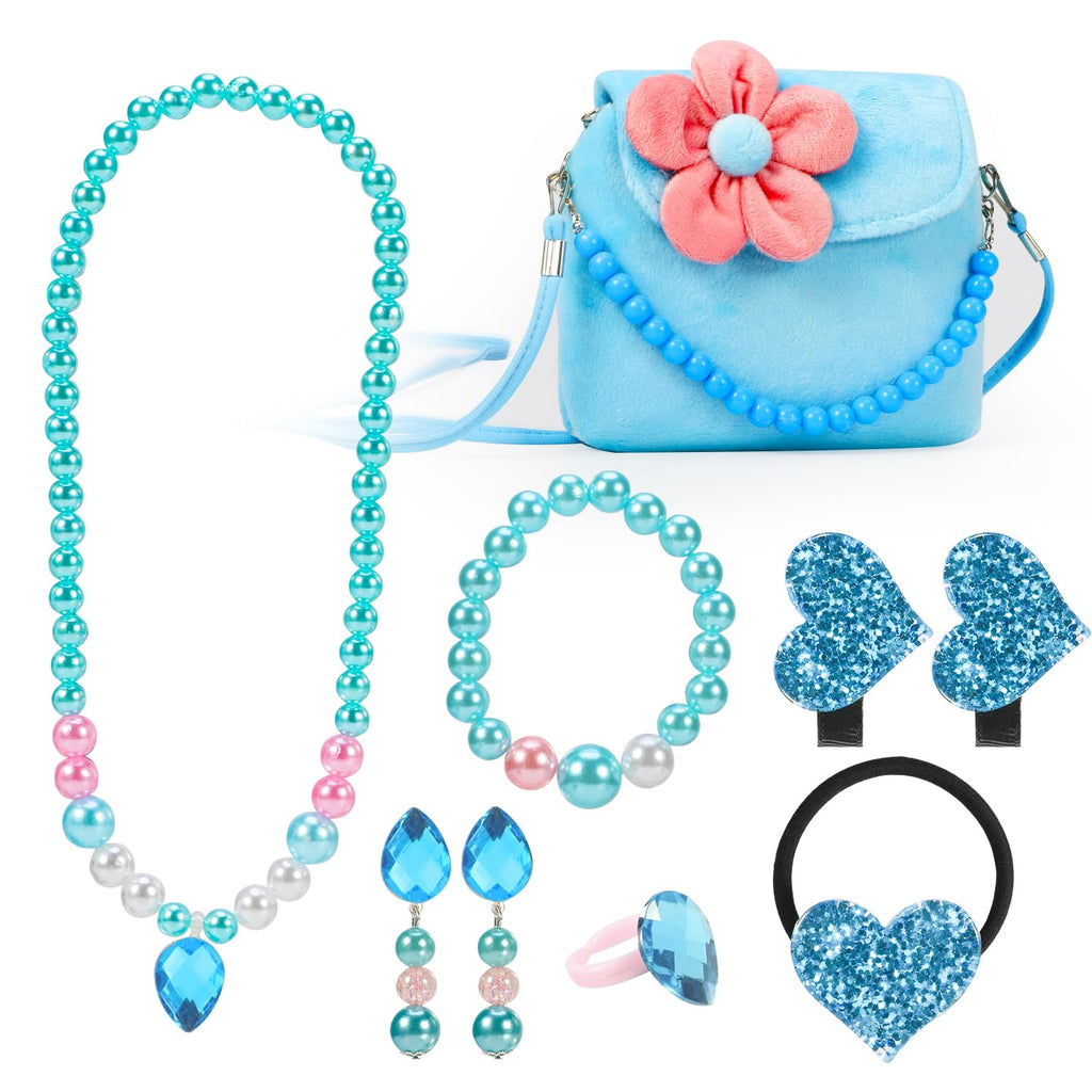 Hifot Kids Jewelry Set with Plush Handbag and Hair Clips for Dress-Up Play
