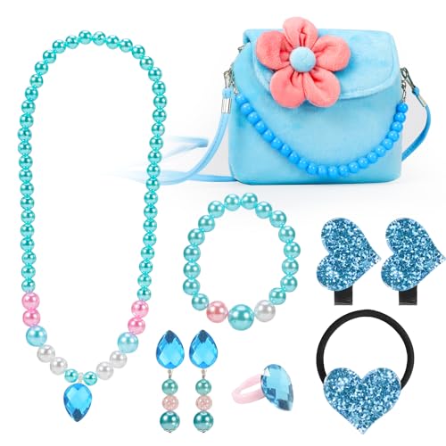 Hifot Kids Jewelry Set with Plush Handbag and Hair Clips for Dress-Up Play